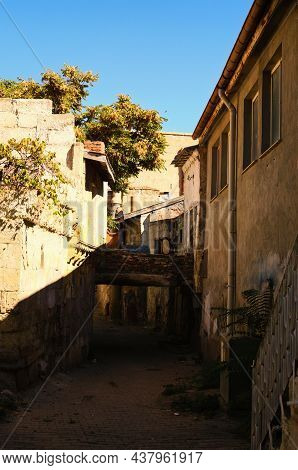 Picturesque Landscape View Of Ancient Narrow Street In Medieval Turkish City Avanos. Nice Terrace Be
