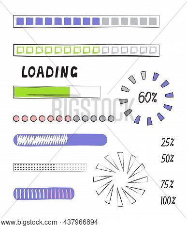 Loading Progress Bar Vector Style In Doodle Style. Updated Progress Circle Bar Icons. Loader Button.