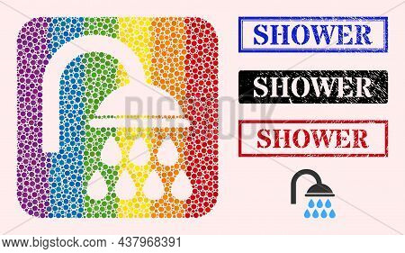 Dotted Mosaic Shower Hole Icon For Lgbt, And Grunge Shower Seals. Rectangle Seals Contain Shower Cap