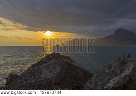 Sunset Over The Black Sea. View From Cape Alchak, Sudak, Crimea.