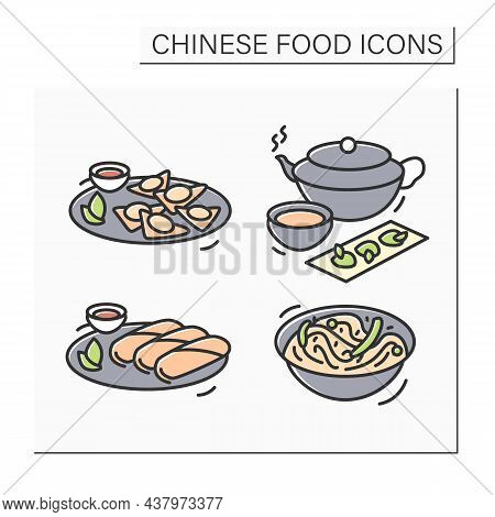 Chinese Food Color Icons Set. Hot Tea, Wonton, Chow Mein, Spring Rolls. Asian Food Recipe And Rice B