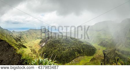 La Soufriere Volcano Crater Panorama With Tuff Cone Hidden In Green And Pouring Rain, Saint Vincent 