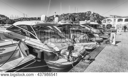 Poltu Quatu, Italy - August 4: View Of The Harbor Of Poltu Quatu, Sardinia, Italy, August 4, 2020. T