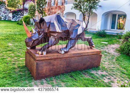 Poltu Quatu, Italy - August 4: A Rhinoceros Modern Sculpture In Poltu Quatu, Sardinia, Italy, August