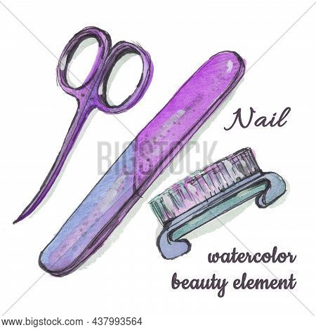 Nail Polish Scissors, File And Brush Watercolor Drawing On White Background. Watercolour Gradient Pu