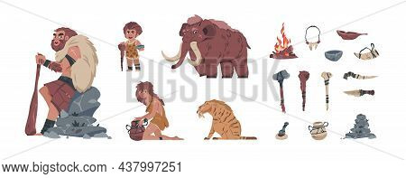 Primitive Men. Cartoon Prehistoric Family With Ancient Stone And Bone Tools. Weapon And Animals. Mam