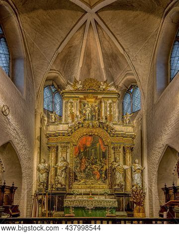 The Altar And Reredos In The Church Of St. Mary's Church In Ystad, Sweden, September 15, 2021