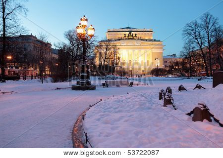 Alexandrinsky Theatre, or Russian State Pushkin Academy Drama Theater in St. Petersburg, Russia, in a winter morning