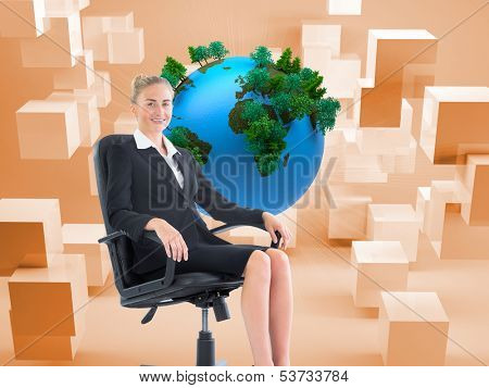 Composite image of blonde businesswoman sitting on swivel chair in black suit
