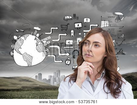 Composite image of thoughtful brunette doctor looking away