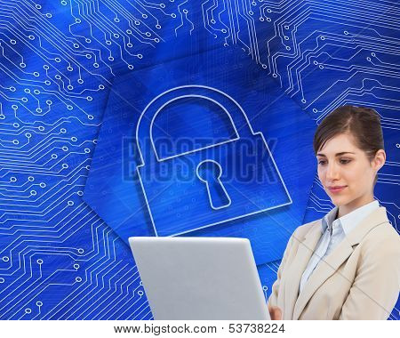 Composite image of confident businesswoman holding laptop