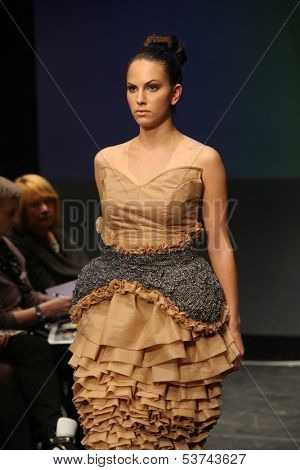 ZAGREB, CROATIA - NOVEMBER 07: Fashion model wearing clothes designed by Radetic and Topalovic on the Fashion Wardrobe show on November 07, 2013 in Zagreb, Croatia.