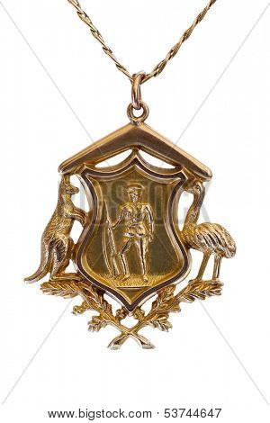 MELBOURNE, VIC/AUSTRALIA - OCTOBER 10, 2013: Commemorative ANZAC medallion, featuring Australian coat of arms and World War I AIF soldier.  Issued to a soldier on his return from France in 1918.