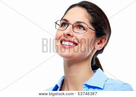Beautiful thinking business woman isolated white background
