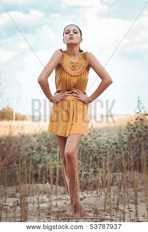 Beautiful dark-skinned brunette girl standing in a field