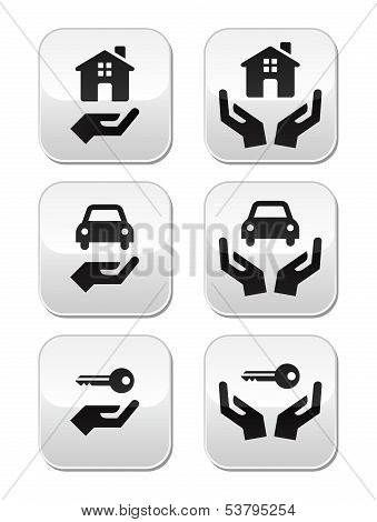 Home, car, keys with hands buttons set