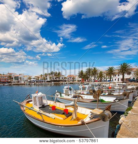 Fornells Port in Menorca marina boats Balearic islands of Spain