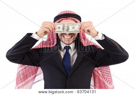 Arab businessman with money  in funny consept isolated on white