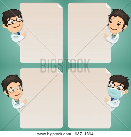 Doctors Cartoon Characters Looking at Blank Poster Set