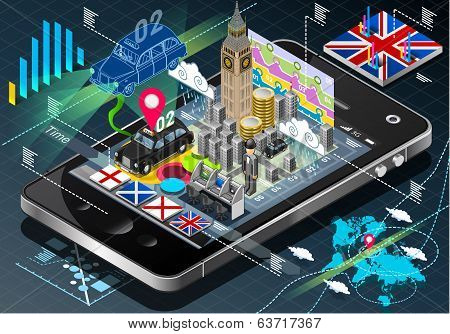 Isometric Infographic Of Great Britain On Mobile Phone