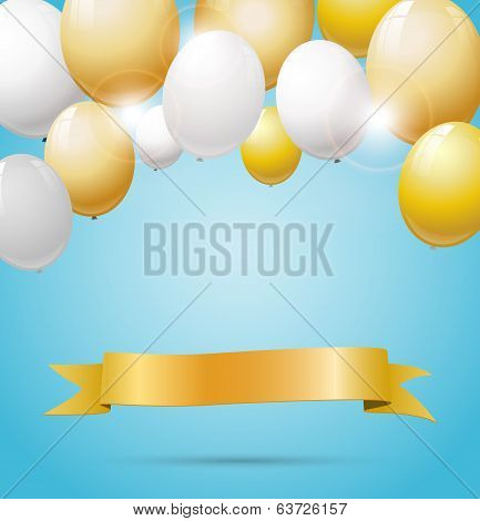 Golden Banner With Golden And White Balloons.