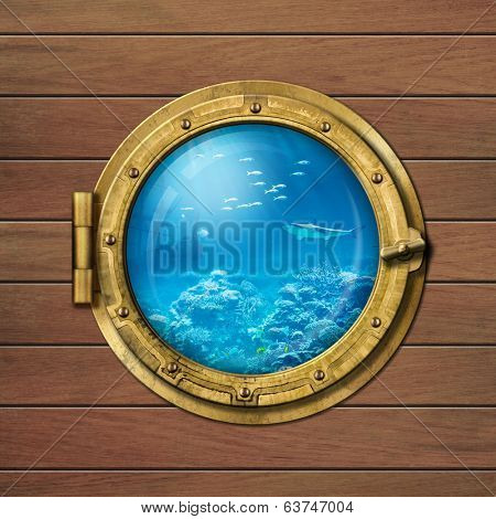 bathyscaph or submarine porthole underwater