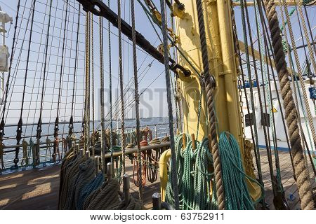 Sea Hemp Ropes And Pulleys On The Old Nautical Vessel