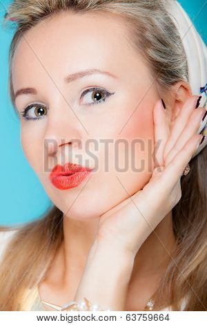 Portrait Beautiful Woman Pinup Girl Retro Style Blowing A Kiss - Flirty On Blue