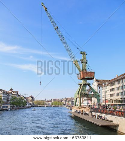 Zurich cityscape with a dockside crane