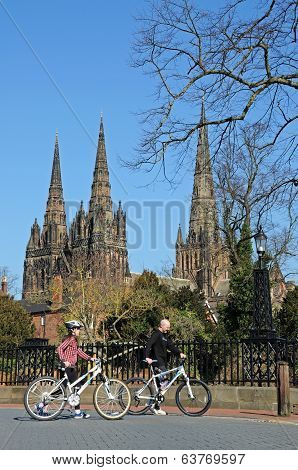 Cyclists and Cathedral, Lichfield.