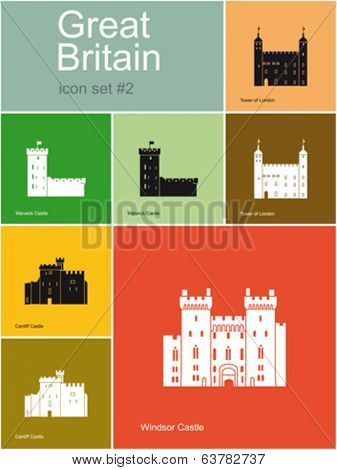 Landmarks of Great Britain. Set of flat color icons in Metro style. Editable vector illustration.