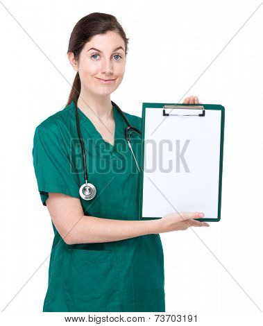 Doctor show with the balnk page of clipboard