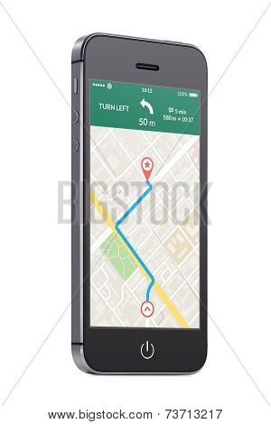 Black Modern Mobile Smart Phone With Map Gps Navigation App On The Screen
