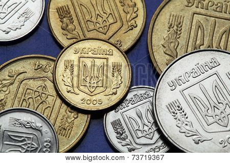 Coins of Ukraine. Ukrainian national coat of arms known as the Tryzub depicted in Ukrainian hryvnia coins.