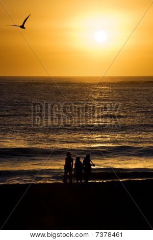 Completed Sunrise Over Ocean And Beach, With People And Bird Silhouette
