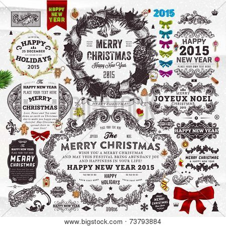 Christmas Decoration Collection | Set of Calligraphic and Typographic Elements, Frames, Vintage Labels. Ribbons, Stickers, Garland, Gifts, Wreath, Santa Claus, Xmas Tree and Balls. Holiday Design 