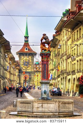 Fountain On The Kramgasse Street In The Old City Of Bern - Switzerland
