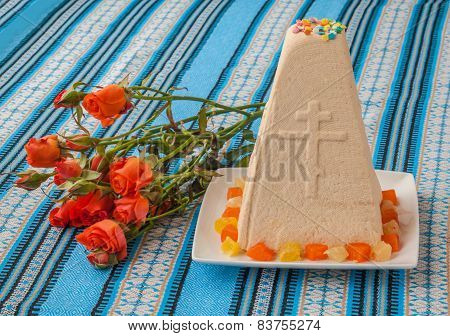 Traditional Curd Easter Cake On Embroidered Tablecloth