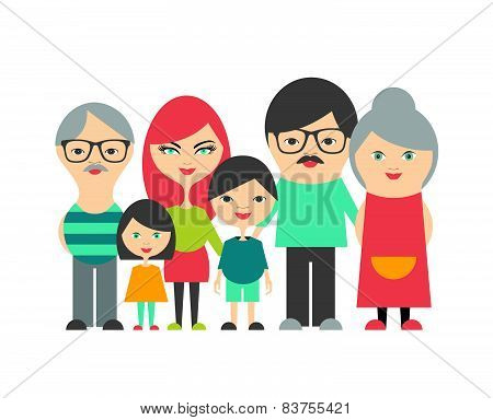 Multi Generation Family. Parents, Children And Grandparents. Flat Design.