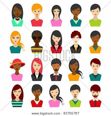 Big Set Of Multi Color People Heads. Avatr Profile Illustrations.