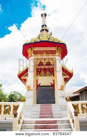 Crematory Or Pyre Against Blue Sky In Thai Temple