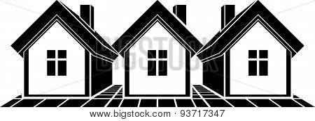 Monochrome cottages illustration, black and white country houses, for use in graphic design.