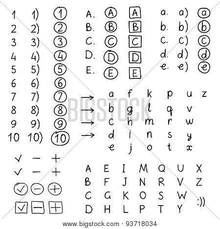 Set of hand drawing numbers and letters.