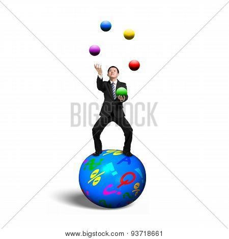 Businessman Balancing On Sphere Juggling With Balls