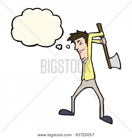 cartoon man swinging axe with thought bubble