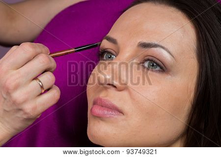 Makeup artist apply makeup on the face of the girl model.