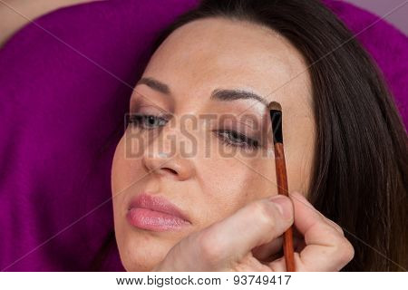 Makeup artist apply makeup on the face of the girl model.