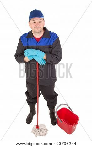 Man with bucket and red mop.