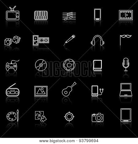 Entertainment Line Icons With Reflect On Black
