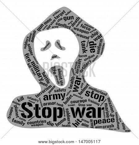Stop war word cloud in shape of death. Social concept. Vector illustration.